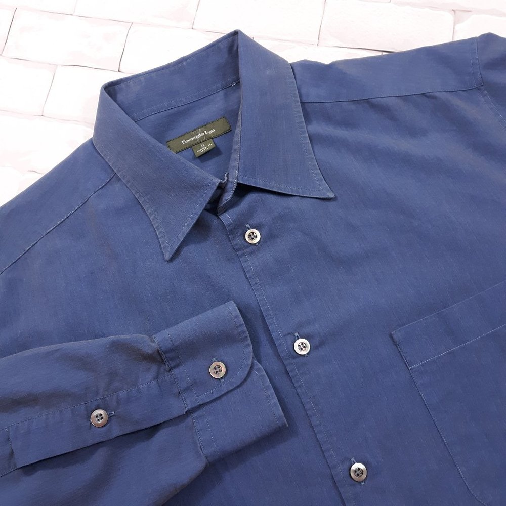 Ermenegildo Zegna Shirt Mens XL‎ Made In Italy Blue Cotton Poly Rayon Button Up